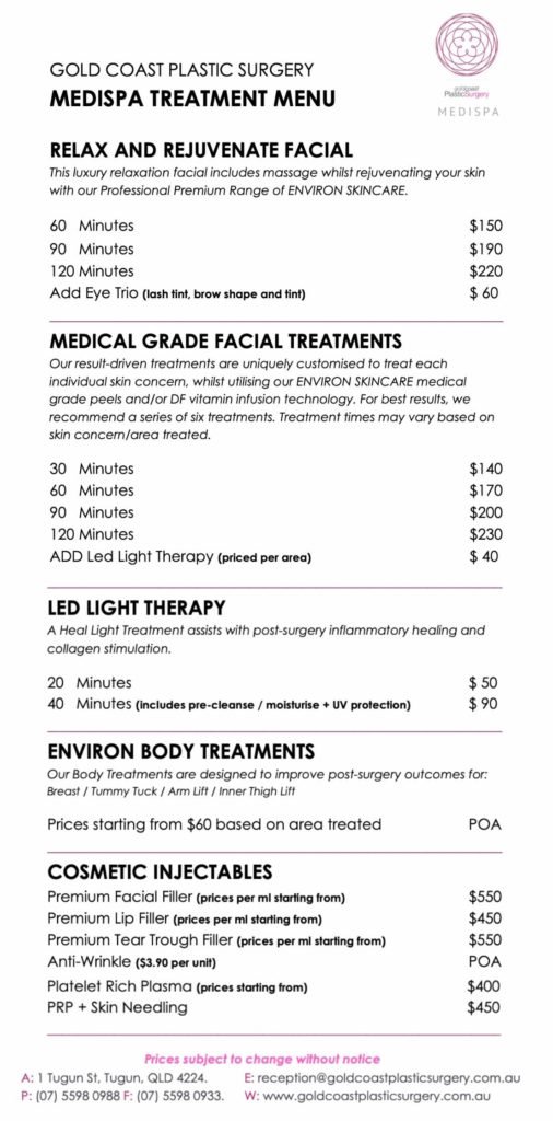 New Medispa Menu